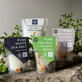 Halen Mon Welsh Flaky Sea Salt Pure Salt, Oak Smoked Salt, Celery Seed Salt.
