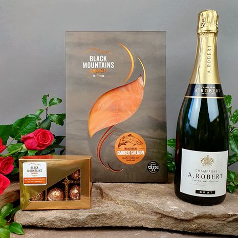 Luxury Valentines Gifts, Smoked Salmon, Salted Caramel Truffles and Champagne.